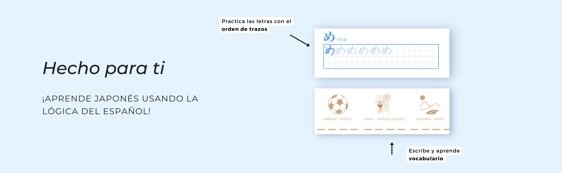 Hecho para ti. ¡Aprende japonés usando la lógica del español! Practica las letras con el orden de trazos. Escribe y aprende vocabulario.